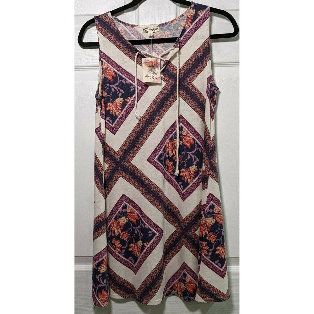 About A Girl White Navy Floral Boho Bohemian Sleeveless Swing Dress Size Medium